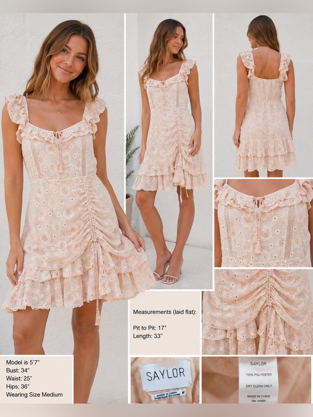 Saylor Blush Pink Embroidered Eyelet Ruffle Mini Dress Ruched Medium Boho